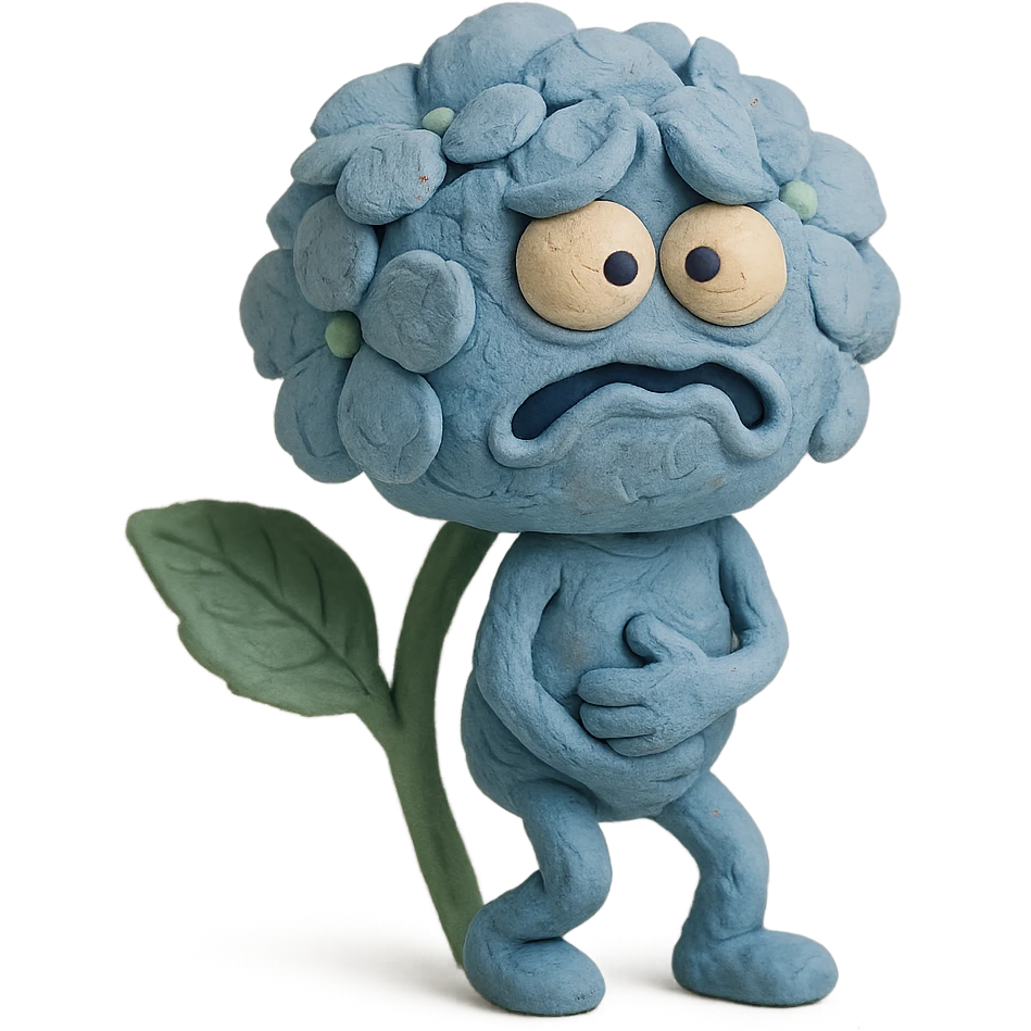 sky blue hydrangea flower with a twisted face and bulging eyes, holding its belly in a desperate toilet run, soft pastel shades, claymation style emoji