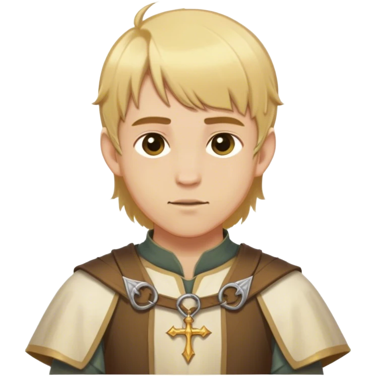 "Medieval summer outfit worn by a DnD themed fantasy male character. Character has golden blonde hair cut in a traditional page style, falling evenly just below the ears with a straight fringe across the forehead. emoji