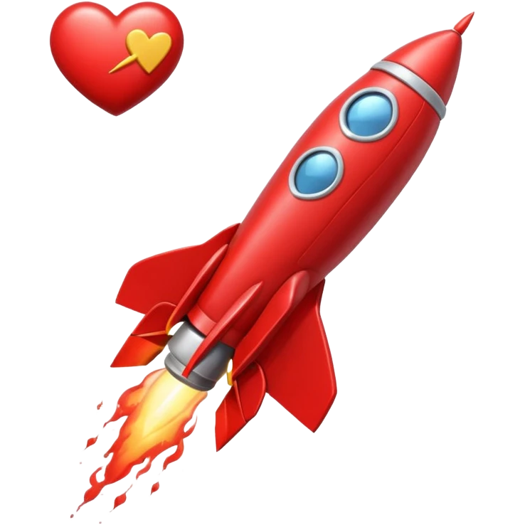 A tiny photorealistic red rocket with a heart emblem on it blasting toward a full moon. emoji