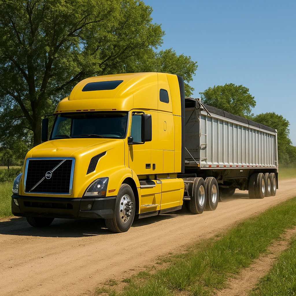 highly photorealistic Volvo yellow semi sleeper truck with a long silver end dump trailer, both in normal driving position, driving to the left down a rural dirt road lined with trees and grass, bright daytime lighting, clear sky emoji