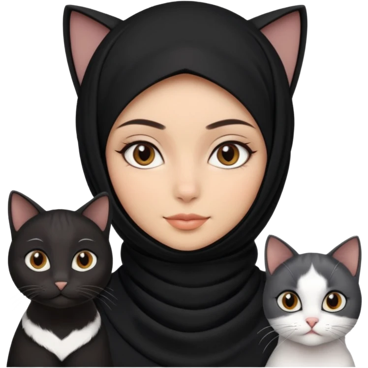 A girlhuman with brownblack eyes and black hijab. and three cats, two blackwhite and one grey cats animals  emoji