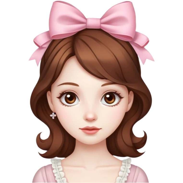 pale skin coquette girl with brown hair, bows, dainty, feminine emoji