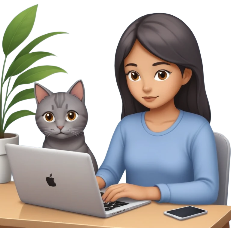 A girl is working on a laptop with a cat lying next to it emoji
