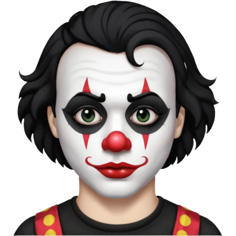 man with black hair only black and white clown makeup black eye makeup black lipstick black t-shirt emoji