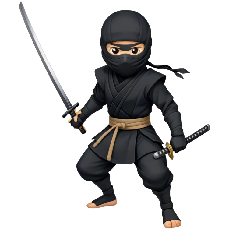  A emoji cartoon-style digital illustration of a ninja dressed in a full black outfit with a face mask, leaving only the eyes visible. The ninja has a serious and focused expression. A katana sword is strapped to their back, with the handle visible over one shoulder. The background is plain white emoji