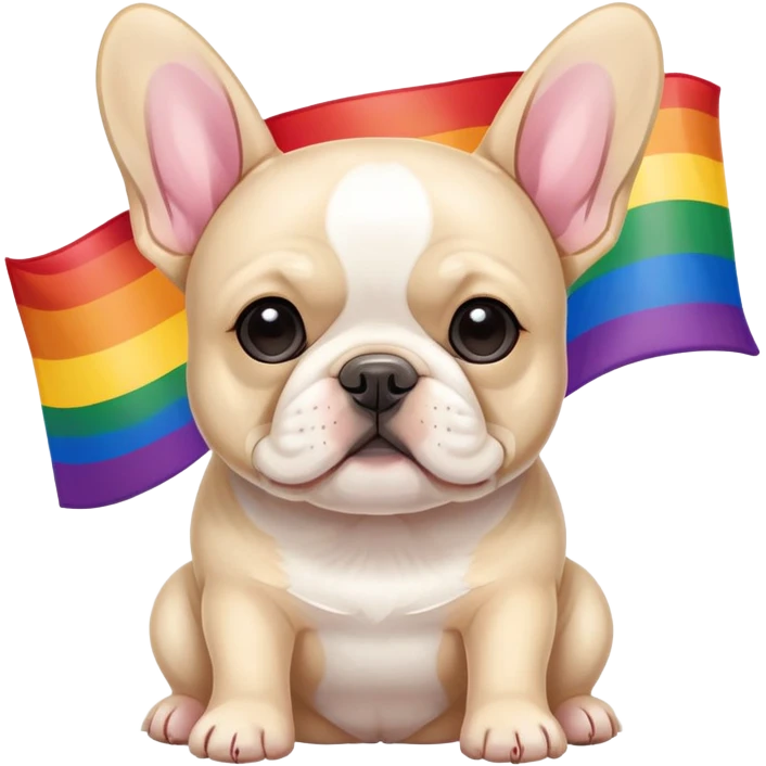 Cream French Bulldog infront of a rainbow pride flag emoji