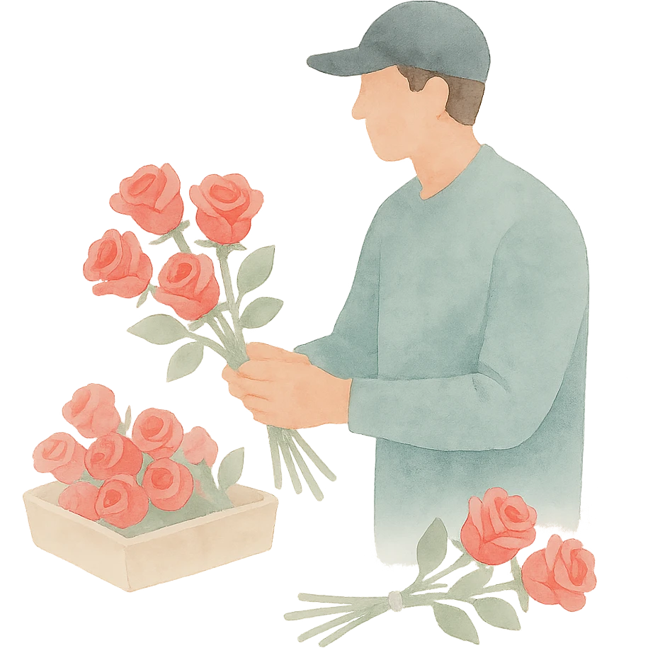 rose farm emoji showing grading and bunching of roses, watercolor art style emoji