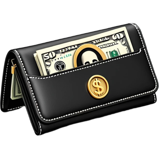 Rich emoji style black leather wallet with dollar bills, luxury money vibe, premium 3D emoji, ultra clean, high detail, no background emoji