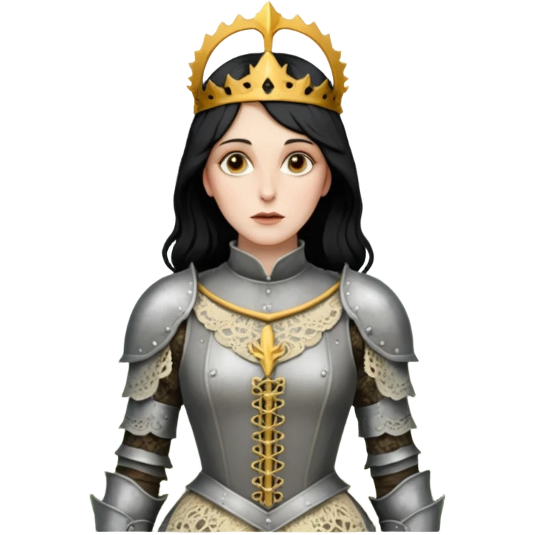realistic cinematic actress Cher in Victorian lace styling like Joan of Arc dirty damaged armor in a forest emoji