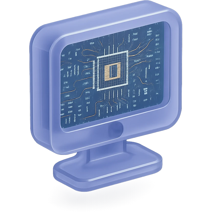 A futuristic computer with internal circuitry visible through its translucent casing, showing detailed motherboard components and glowing elements emoji