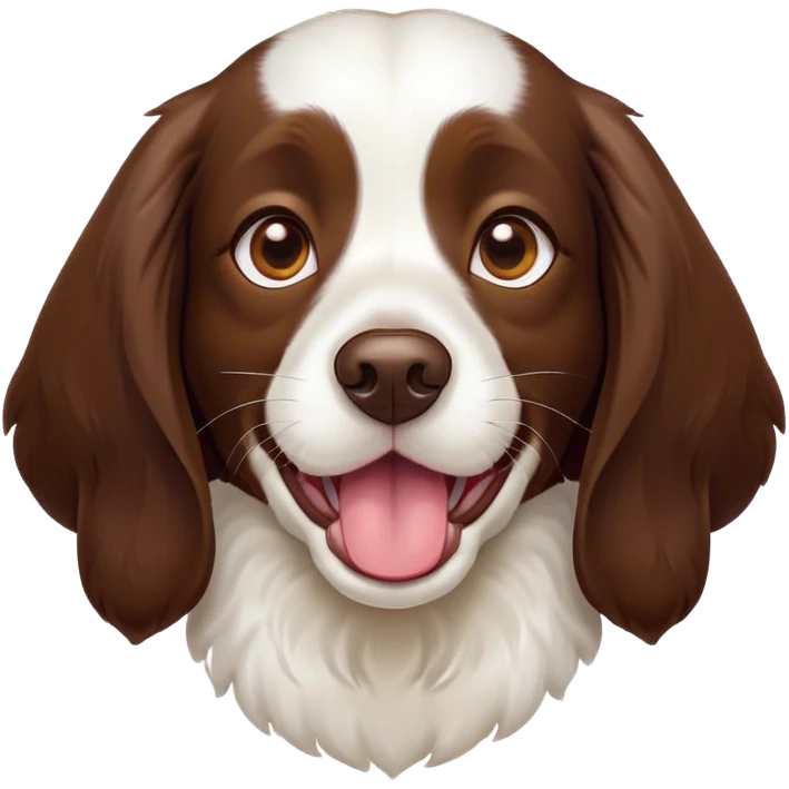 Cinematic Comical Springer Spaniel Portrait Emoji, Head tilted dramatically with an exaggeratedly amused expression, featuring a striking liver and white Fur with dynamic patterns, wide, expressive brown eyes filled with playful disbelief, Simplified yet hilariously expressive features, highly detailed, glowing with a slightly sassy glow, high shine, dramatic yet playful, stylized with an air of cheeky mischief, bright and endearing, soft glowing outline, capturing the essence of a spirited and over-the-top companion, so meme-worthy it feels like it could side-eye its way into internet fame instantly! emoji