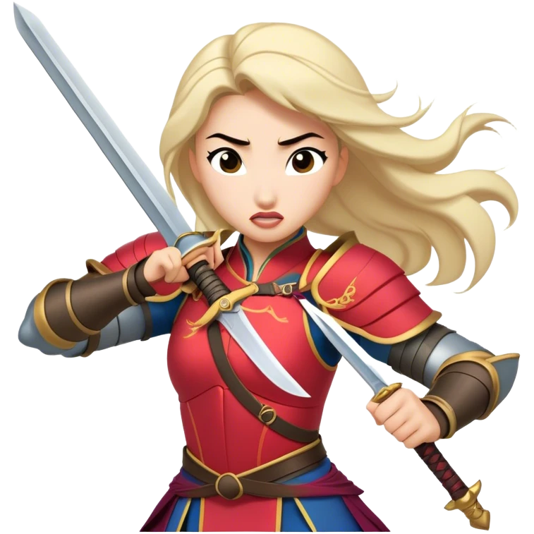 Cinematic Funny Mulan Portrait Emoji, Wearing her training armor too big, looking surprised as a sword nearly topples her over, a mix of warrior determination and hilarious inexperience, a comical yet endearing moment in her transformation! emoji