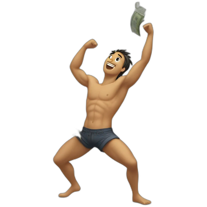 Shirtless guy dancing under raining money  emoji