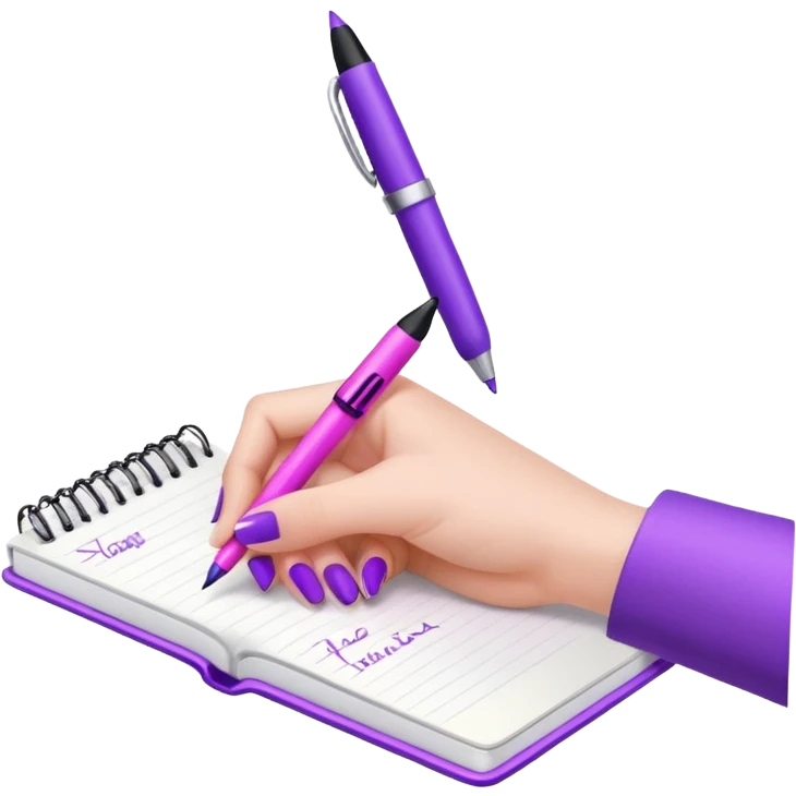 female hand with purple manicure writing in notebook with pink pen emoji
