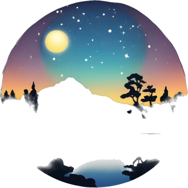 “Expansive starry night sky with bright constellations and a glowing full moon, a couple of shooting stars, and a peaceful lake reflecting the sky. Surrounding the lake are silhouettes of trees.” emoji