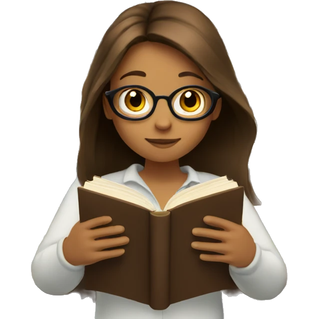 A girl with long brown hair reading a book without glasses emoji