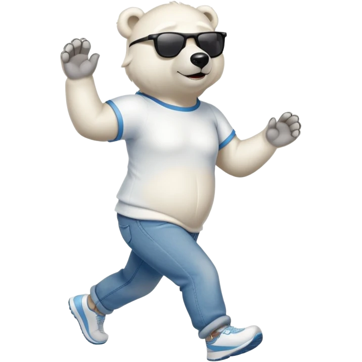 friendly anthropomorphised polar bear in jeans and a t-shirt, wearing dark sunglasses, jogging upright, standard pose emoji