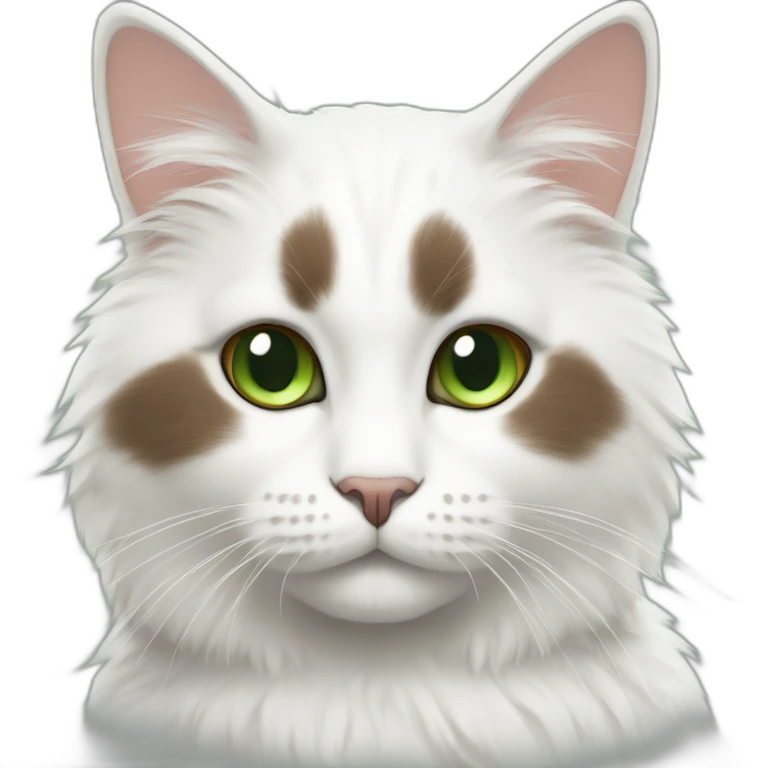 white fluffy bi-colour cat with dark brown ears and upper head, brown ears and green eyes emoji