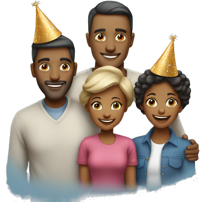 family of 4 people (man woman and 2 kids) celebrate new year in birthday hats emoji