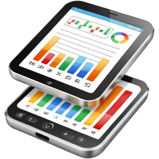 Photorealistic emoji of a compact device (handheld scanner) made of matte metal and glass. The bright, slightly reflective screen shows small colored bar charts/heatmap icons and language codes (EN, DE, 中文, العربية) plus a tiny analytics chart.  emoji