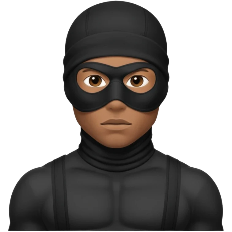 smug muscular african male black ski mask wearing guy with no top. wears a full ski mask with only eyes revealed emoji