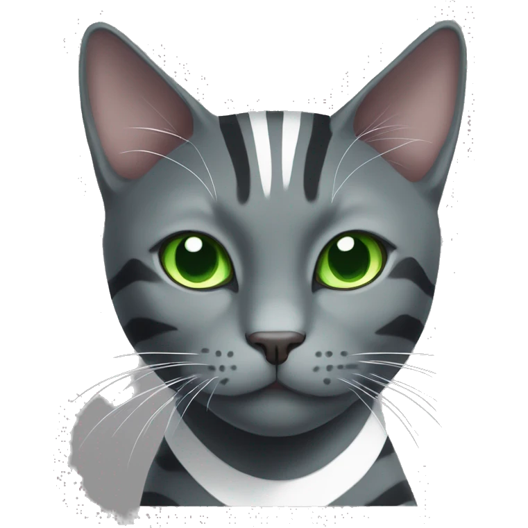 gray cat with white stripes and green eyes, black cat with white emoji