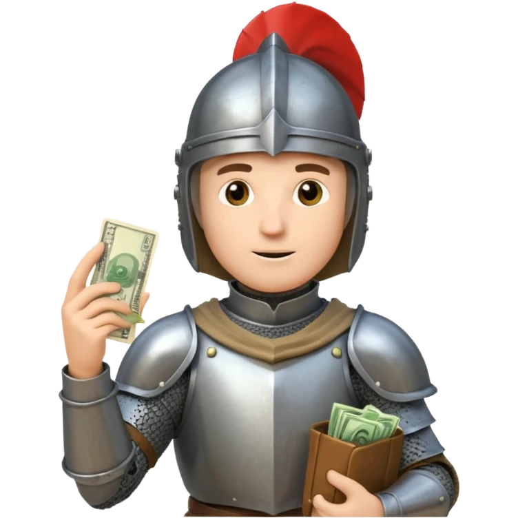 Knight with helmet holding phone and money emoji