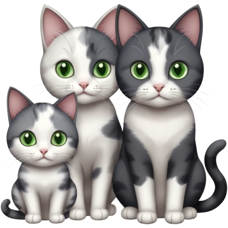 3 different coloured small cats including a dark grey and white, and a patchy calico and a completely solid dark grey with green eyes and only white paws emoji