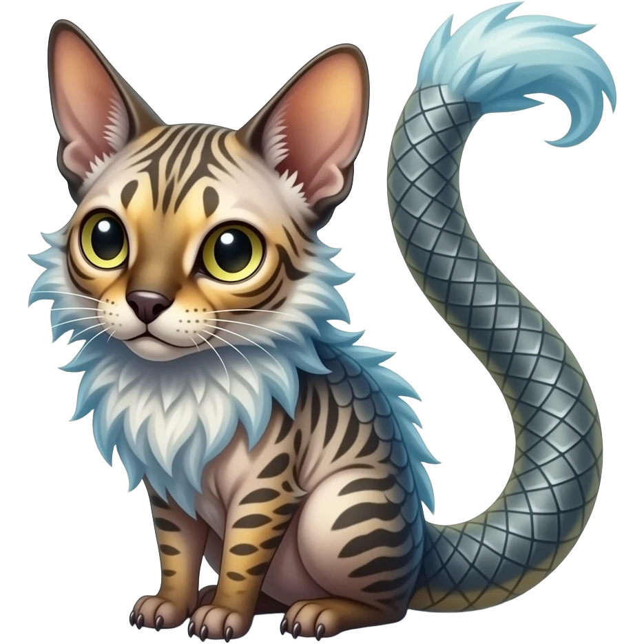 Flurry furry colorful oily spooky spectral ghostly gloomy dusky scaly sergal-serval-possum-sphynx-Koi-sergal-fusion-animal-hybrid-creature with a snake-tail emoji