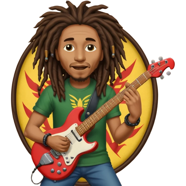Bob Marley with dread locks play electric guitar in form heraldic crest emoji