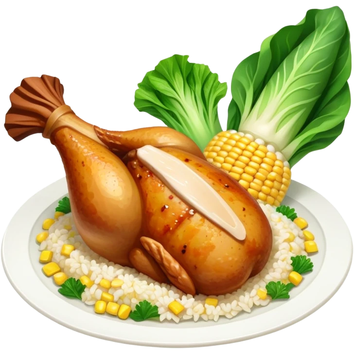 Chicken leg with bok choy corn and rice emoji