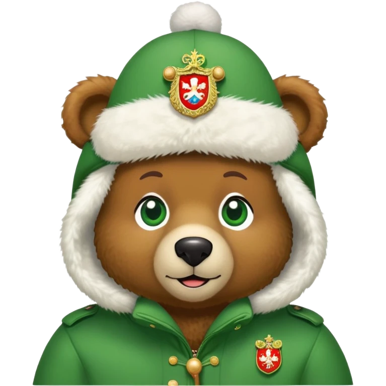 Sweet brown teddy bear face with friendly expression and bright green eyes, snow white furry ushanka hat with detailed Russian Federation coat of arms, iOS emoji style emoji