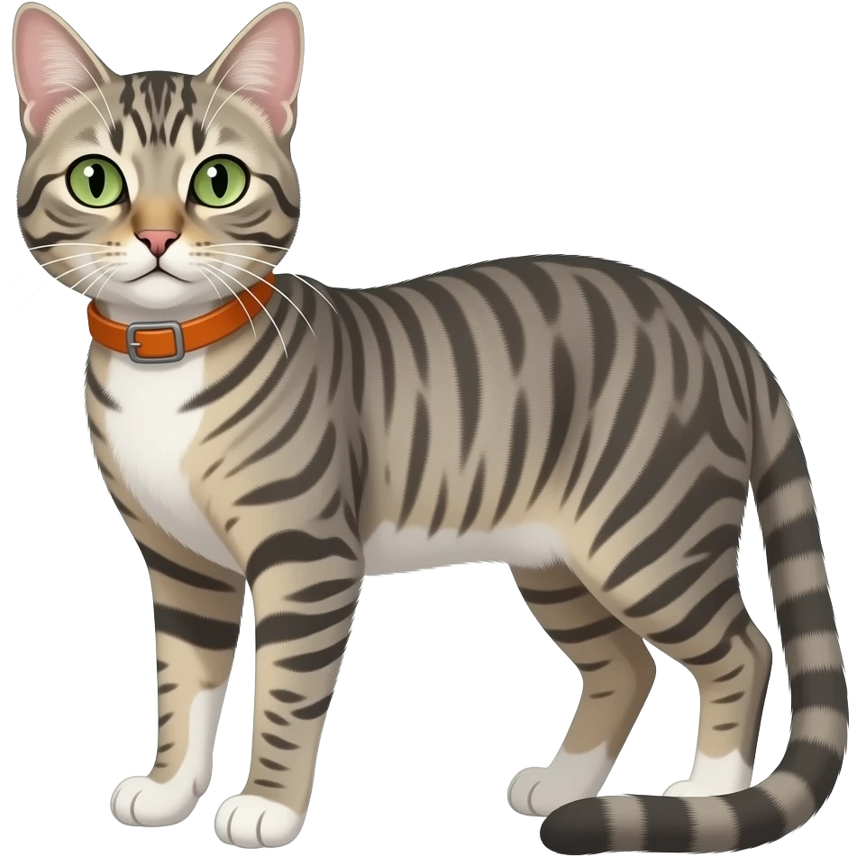 Que tenga más bigote largos, una mirada fría gris y patitas y estómago blanco, collar naranja, boca blanca, patitas blancas con un toque gris. Peludo flaco, bigotes caídos. Ojos verdes, muchos bigotes caidos emoji