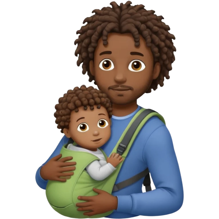 Dark skinned black Dad, with short dread locks with his brown curly haired baby in carrier baby emoji