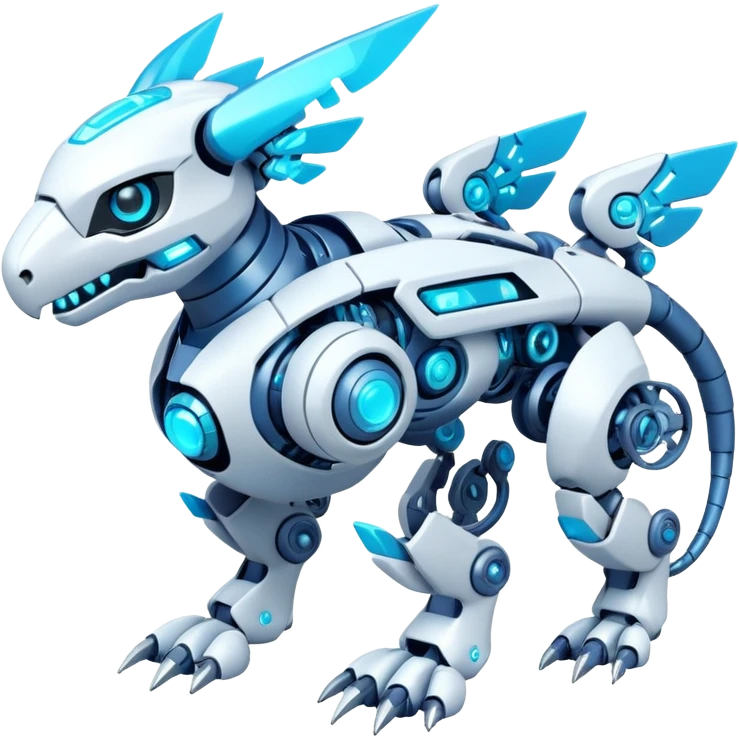 Futuristic mechanical modern badass cool shiny white with glowing cyan-blue animal Digimon Fakémon hybrid full body with intricate patterns emoji
