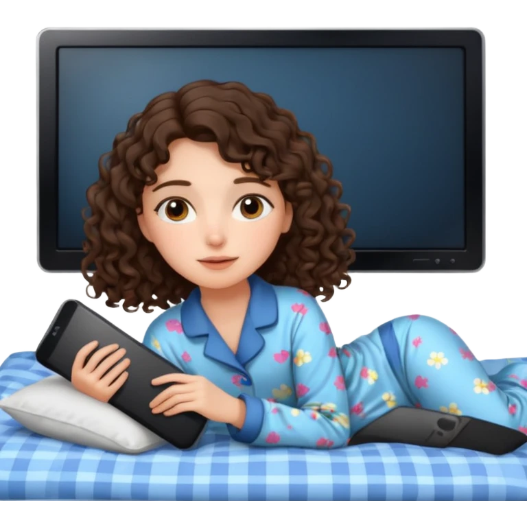 Draw a brunette girl with shoulder-length curly hair, lying on the bed watching TV.  emoji