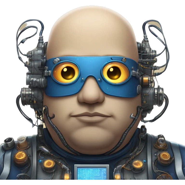 Fat bald cyborg head with tan skin, blue beard, blue steampunk goggles and circuits emoji