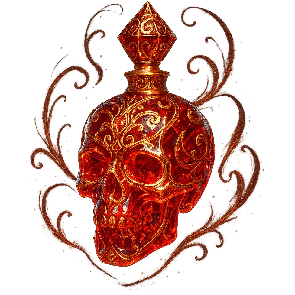 very luxurious crystal skull-shaped elixir bottle, red color, very small golden collar, lots of glowing, edges, ornaments, golden details, magical effects, transparent background, clearly floating in air, no base or shadow, premium class, matches a collection emoji