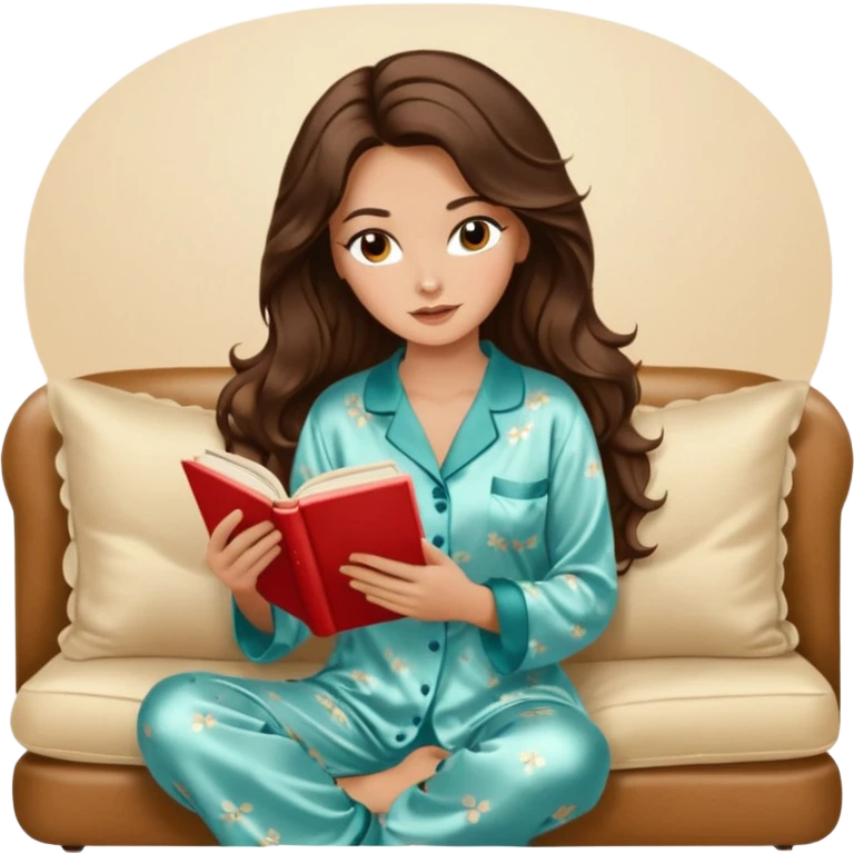 Woman with brunette hair light tanned skin reading on sofa. Long wavy hair. Beige ivory colours. Silk pyjamas. Realistic. Foxeye with lashes. Glamorous makeup emoji