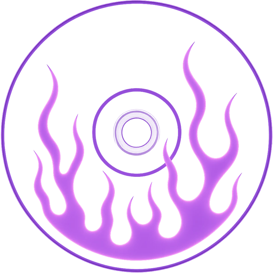 A minimalist CD disc with subtle pink flames, glowing effect, variation 2, color: purple, larger CD size emoji