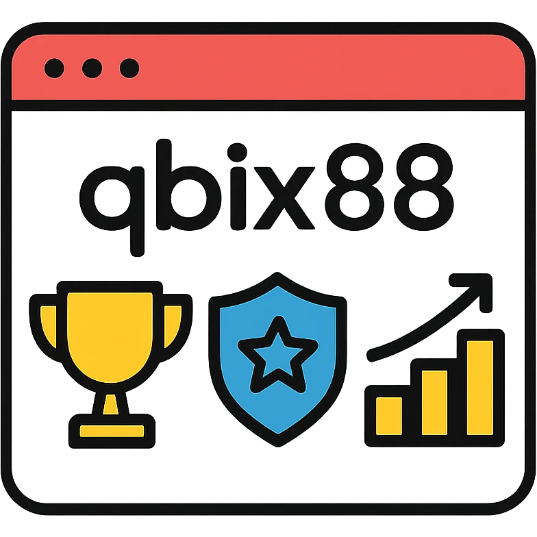 Gaming platform icon for qbix88 online games with trophy, expert badge and popularity chart emoji