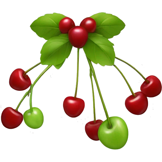 A bow with two short strings hanging down. From its center, two cherry stems with cherries extend downward. Simple background to highlight the bow and cherries emoji