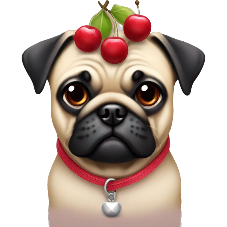 Fun pug wearing collar hat with cherries emoji
