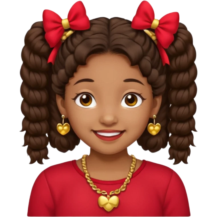 Brownskin girl dark brown hair fluffy. pigtails with red bows brown eyes smiling closed mouth red shirt gold esrrings gold necklace emoji