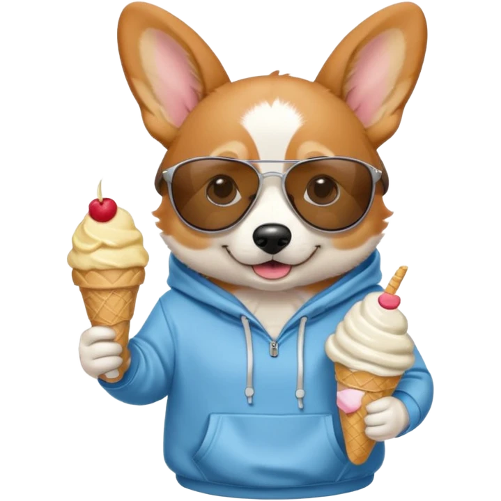 Cartoon corgi with ice cream, a hoodie, and sunglasses emoji