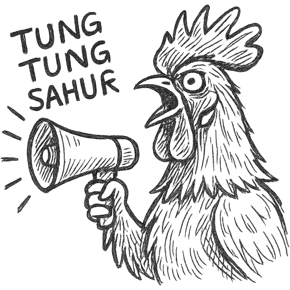 cartoon rooster with a megaphone, yelling 'tung tung tung sahur', humorous and lively, meme style emoji