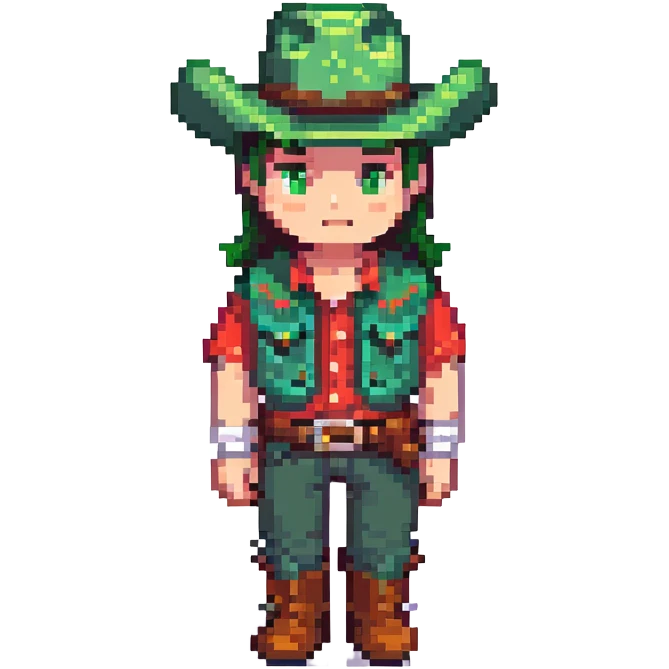 Cowboy with a green hat without a star, western clothes emoji