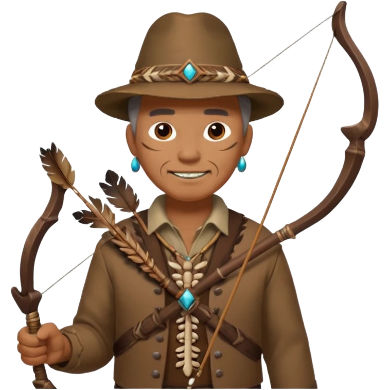 The classic image of a middle-aged uncle hunter carrying a bow, dressed in brown clothes, with some ornaments made of feathers, bones or teeth on his body. emoji