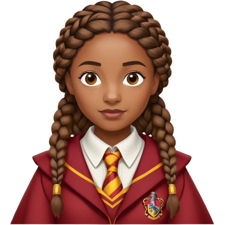 Angelina Johnson in harry potter, wear hogwarts gryfindor uniform, African Braided Hair emoji