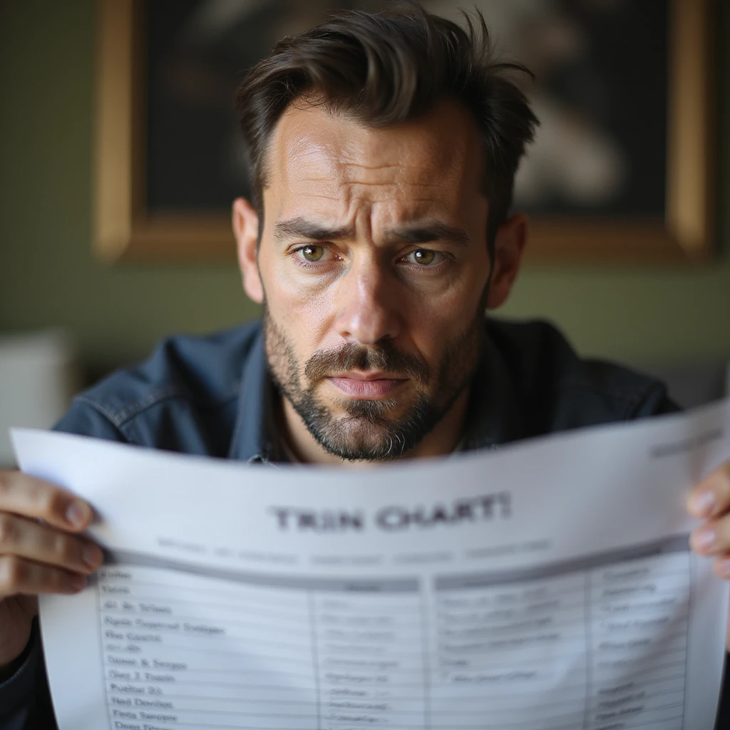 close-up of the face of a 30-year-old man, discouraged expression, holding a diet and training chart, domestic environment, 4K details emoji